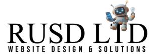 Logo for RUSD LID Website Design Solutions with a friendly robot on the right holding a phone, set on a black background.