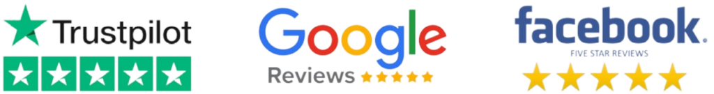Collage of review logos: Trustpilot on the left, Google Reviews with stars in the center, and Facebook with five stars on the right