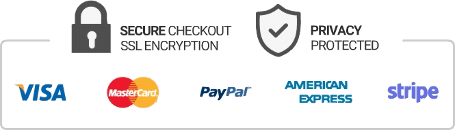 Security banner: secure checkout with SSL encryption and privacy protected; Visa, MasterCard, PayPal, American Express, and Stripe logos visible.
